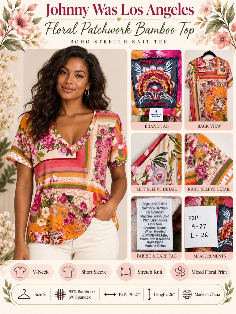 Johnny Was Los Angeles Floral Patchwork Bamboo V Neck Top Size S Boho